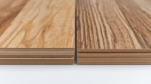 A side-by-side close-up comparison of vinyl plank flooring and laminate flooring, showing cross-section layers and surface texture differences.