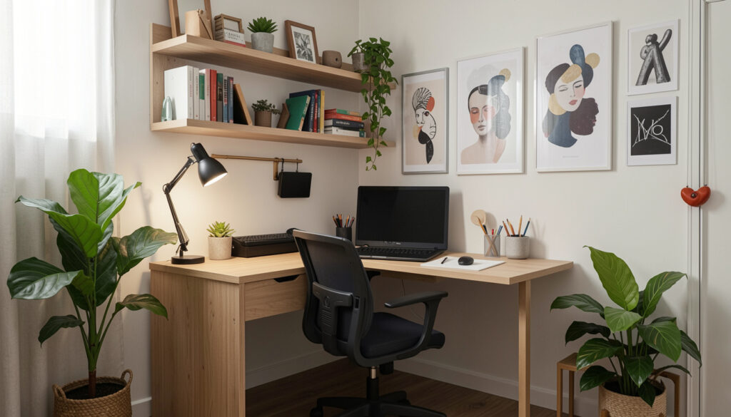 A styled small studio apartment corner used as a home office