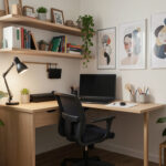 A styled small studio apartment corner used as a home office