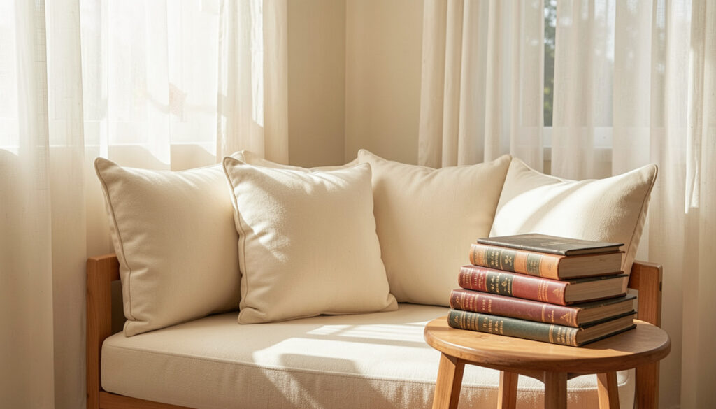  A sunlit reading nook with cream cushions, sheer curtains, and a stack of classic novels on a small side table.