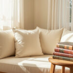 A sunlit reading nook with cream cushions, sheer curtains, and a stack of classic novels on a small side table.