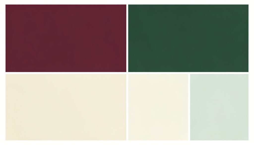 A swatch board comparing deep burgundy and forest green tones with cream and pale sage tones.