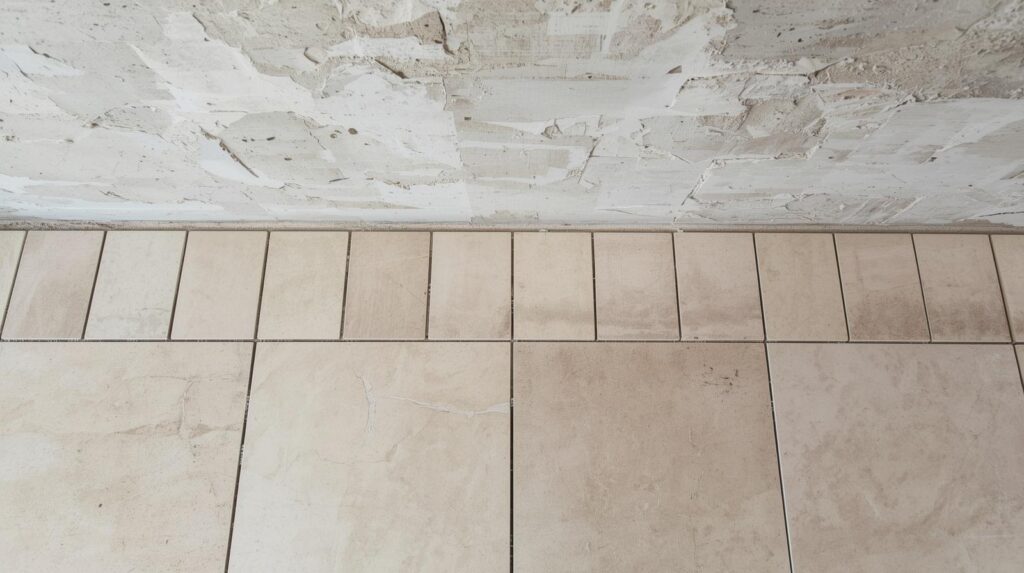 A tile floor in progress showing the centered chalk line layout method, with a dry-laid row of tiles extending from the center to the wall before any adhesive is applied.