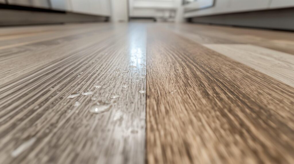 A vinyl plank floor in a modern kitchen with water splashed on the surface, illustrating waterproof capability, contrasted with a laminate floor showing a slight edge swell from moisture.