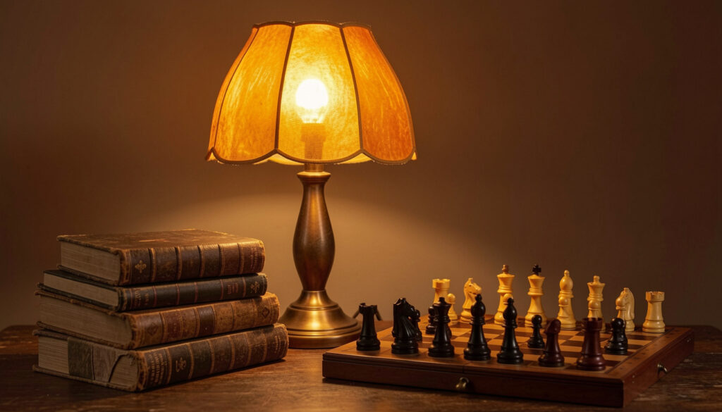 A warm amber table lamp glowing beside a stack of antique books and a chess set.