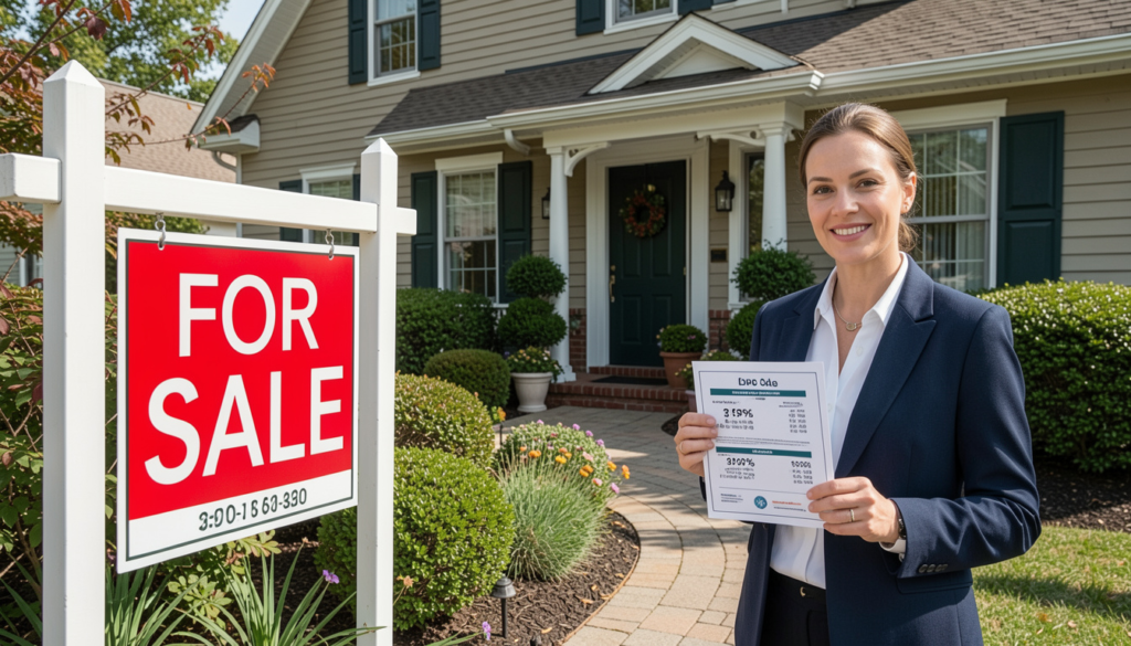 A well-staged home exterior with a 'For Sale' sign and an agent holding a pricing report