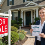 A well-staged home exterior with a ‘For Sale’ sign and an agent holding a pricing report