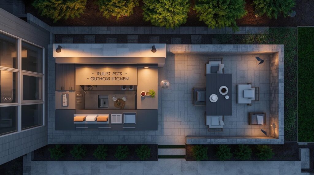 Aerial view of integrated outdoor kitchen and dining patio