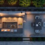 Aerial view of integrated outdoor kitchen and dining patio