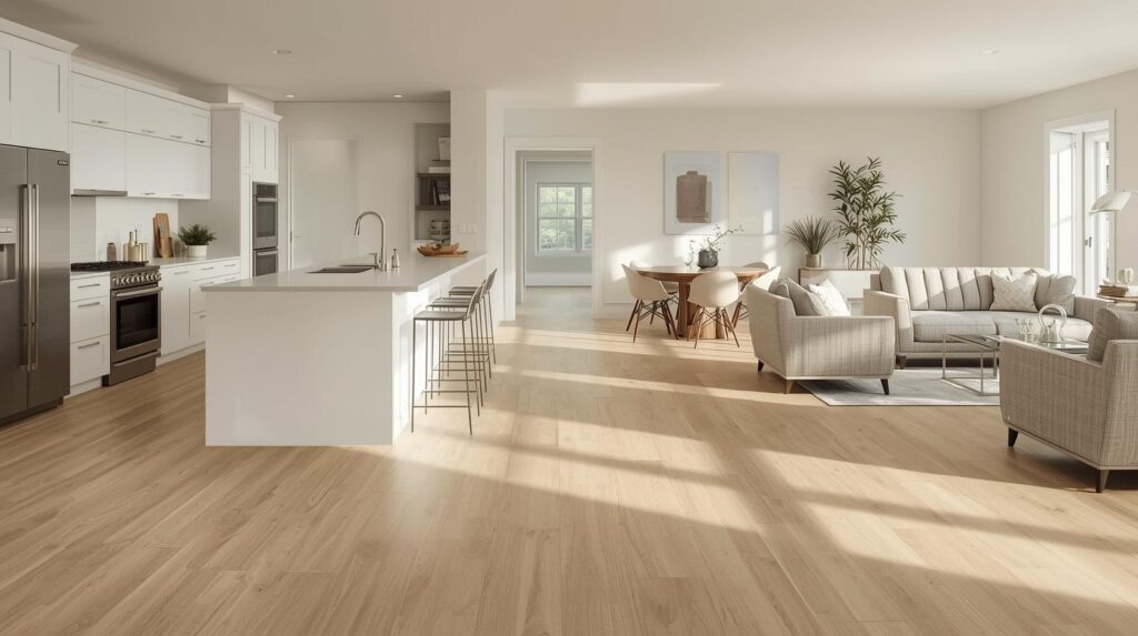 An open-plan home interior where luxury vinyl plank flooring flows seamlessly from a kitchen into a living area, demonstrating versatility and modern aesthetic appeal.