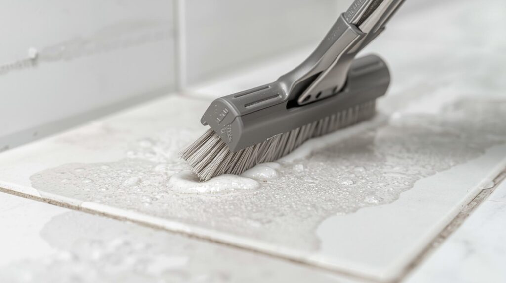  Bathroom tile grout being scrubbed professionally