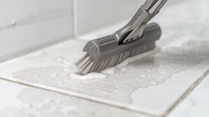 Bathroom tile grout being scrubbed professionally