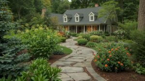 Beautiful exterior house garden and pathway