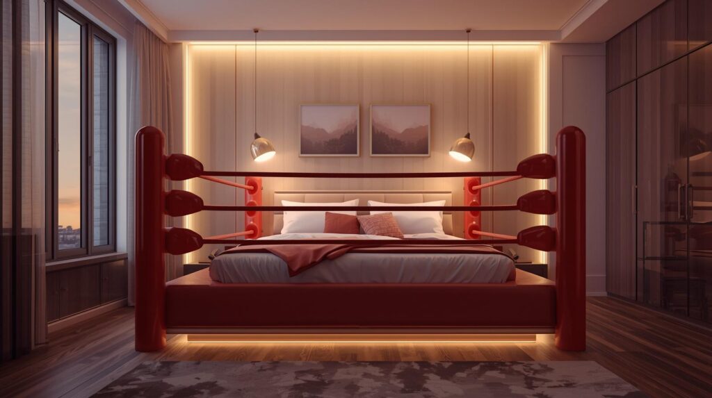 Bedroom with boxing ring style bed design