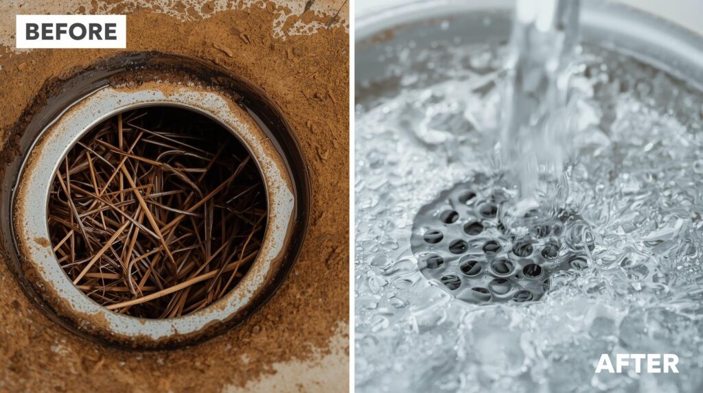 Before-and-after comparison of drain clearing