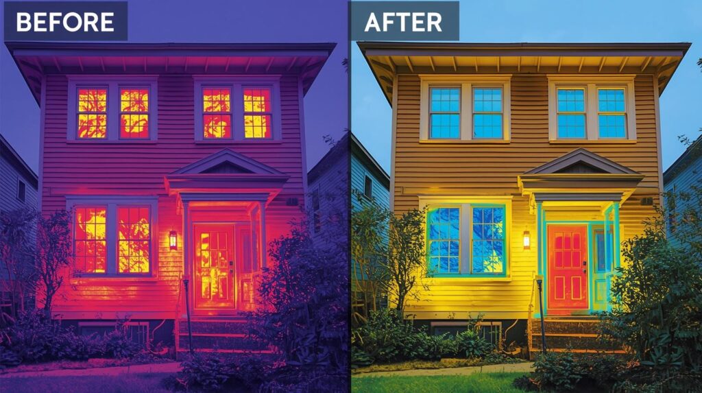 Before-and-after infrared thermal image of a home showing dramatic reduction in heat loss after energy-efficient window installation