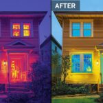 Before-and-after infrared thermal image of a home showing dramatic reduction in heat loss after energy-efficient window installation