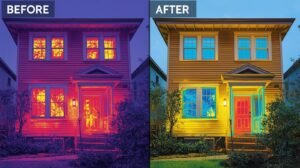 Before-and-after infrared thermal image of a home showing dramatic reduction in heat loss after energy-efficient window installation