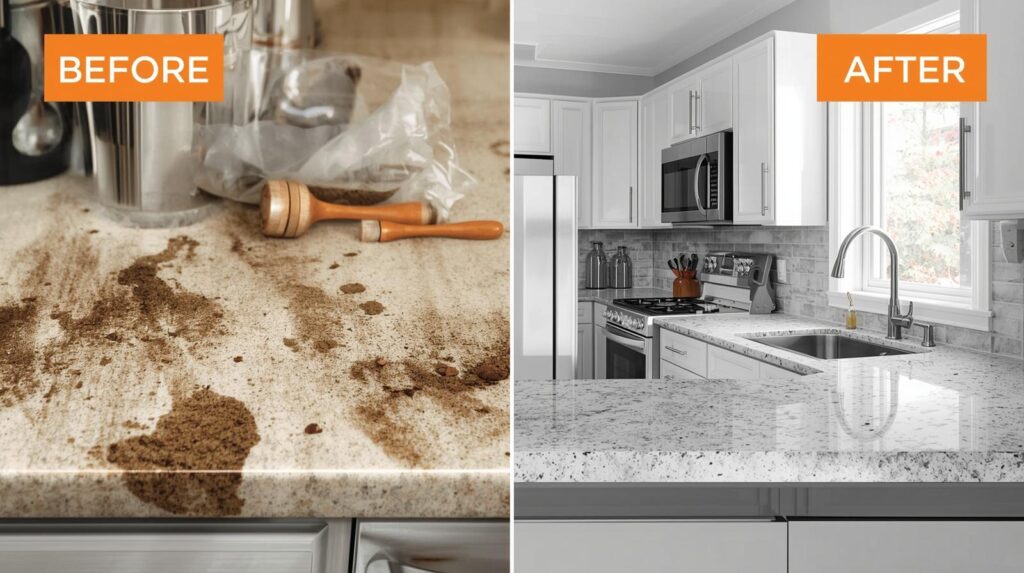 Before and after kitchen counter deep cleaning