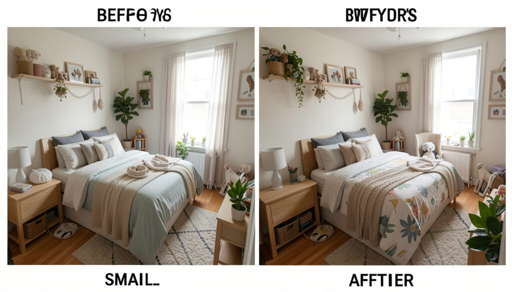 Before-and-after photos of a small bedroom makeover]