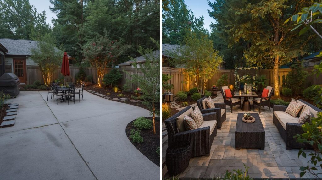 Before and after split image showing plain concrete patio transformed into stylish entertaining area with pavers, greenery and lighting