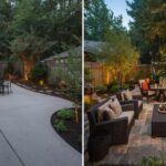Before and after split image showing plain concrete patio transformed into stylish entertaining area with pavers, greenery and lighting