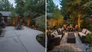 Before and after split image showing plain concrete patio transformed into stylish entertaining area with pavers, greenery and lighting