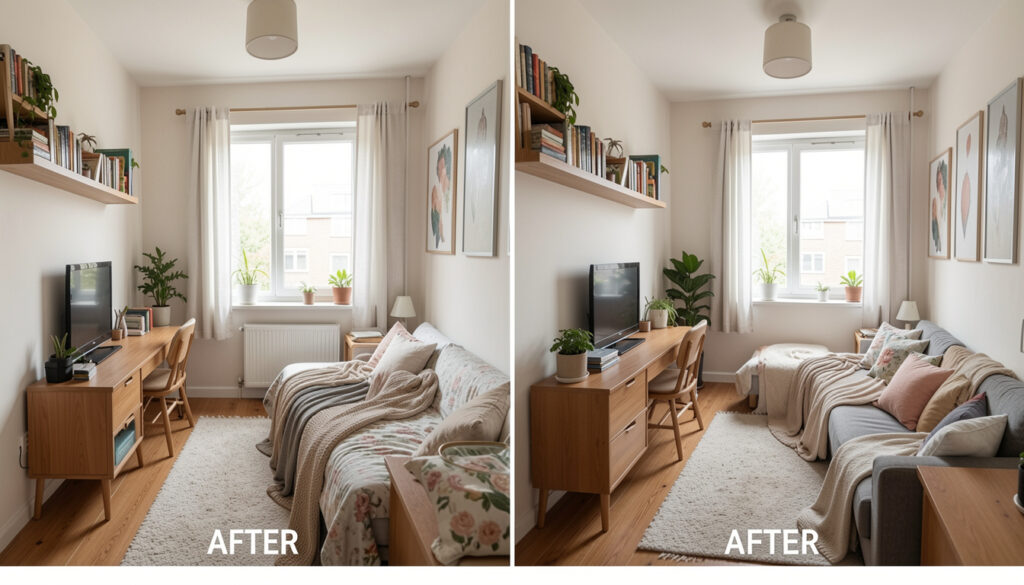 Beforeafter style split image of a small apartment room]