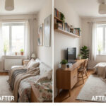 Beforeafter style split image of a small apartment room]