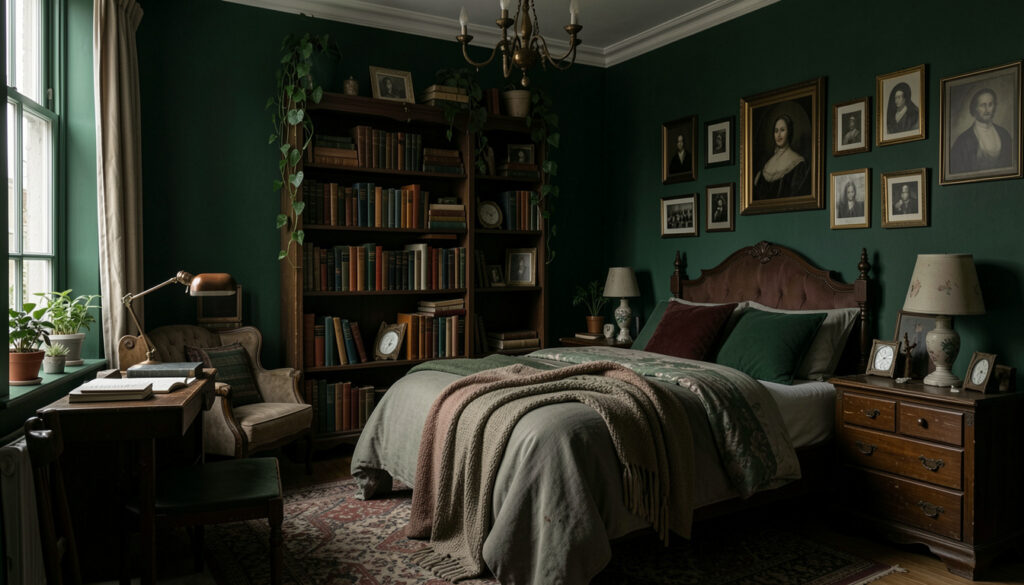 Budget dark academia bedroom with deep green walls, affordable bookshelf, and thrifted furniture
