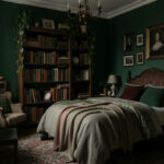 Budget dark academia bedroom with deep green walls, affordable bookshelf, and thrifted furniture