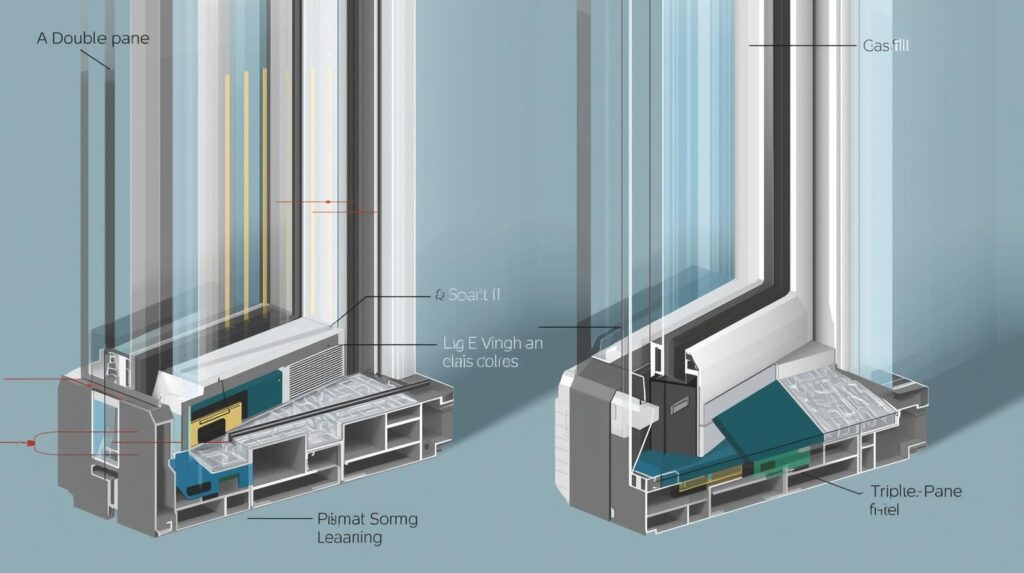  Close-up diagram of double vs triple pane window cross-section showing gas fill, Low-E coating, and spacer bar