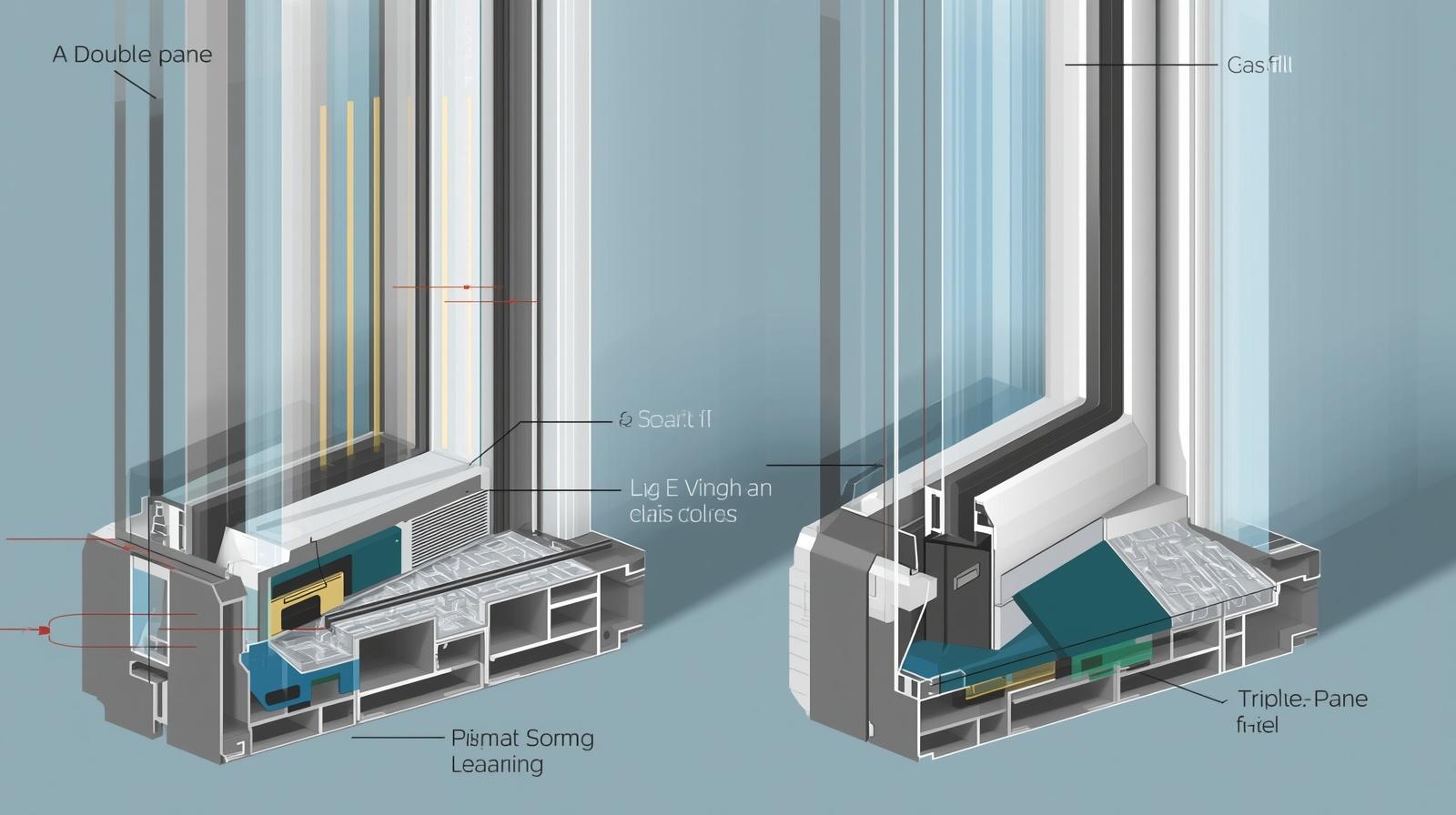 Close-up diagram of double vs triple pane window cross-section showing gas fill, Low-E coating, and spacer bar