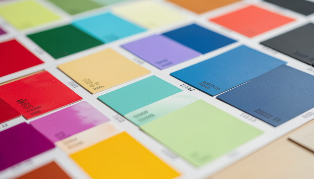 Close-up of a color palette mood board with paint swatches