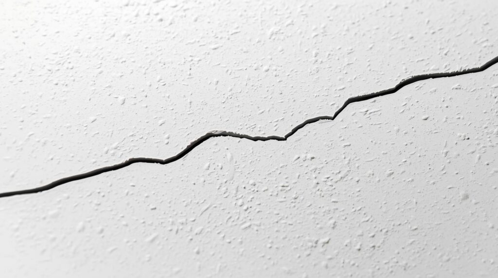 Close-up of a hairline crack in a painted interior wall.