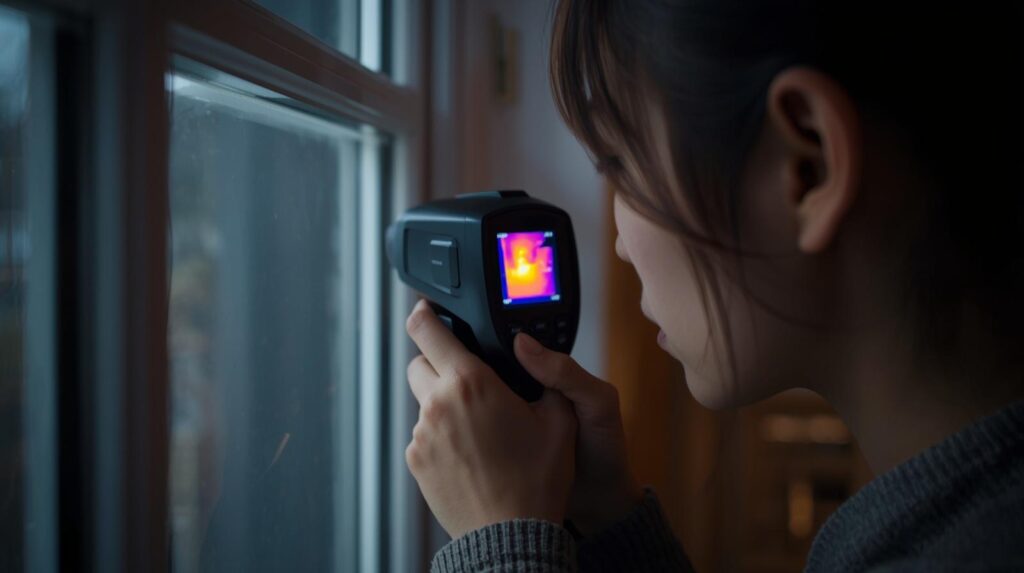 Close-up of a person using a thermal imaging camera to detect heat loss around a window frame