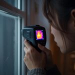 Close-up of a person using a thermal imaging camera to detect heat loss around a window frame