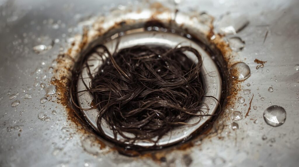 Close-up of hair-clogged drain strainer