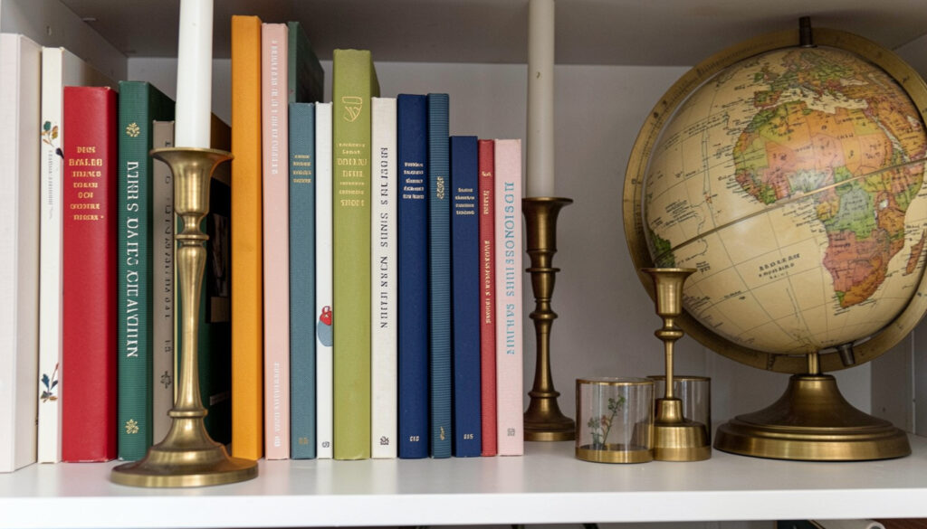 Close-up of styled bookshelf with color-coordinated books, brass candleholders, and vintage globe