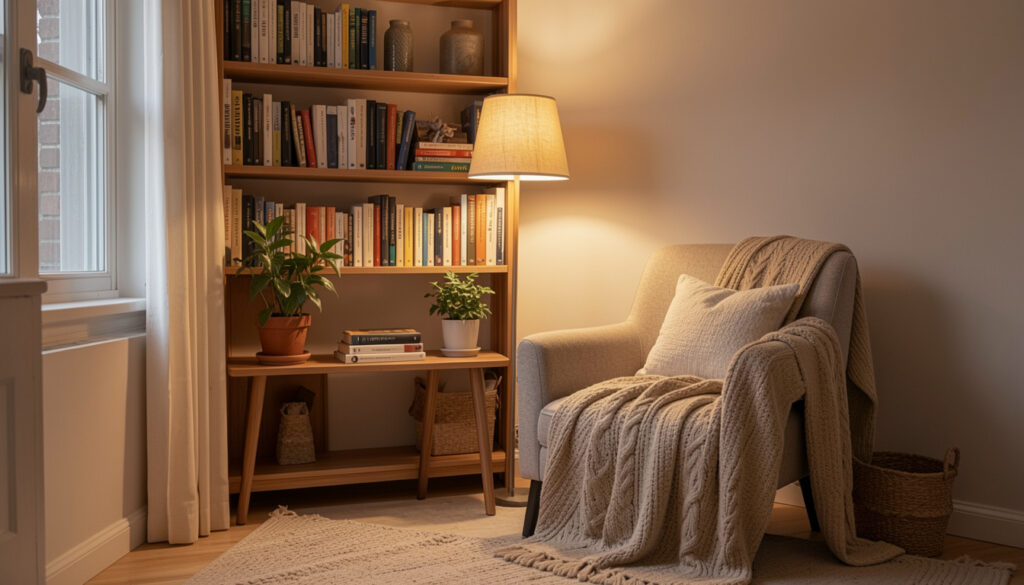 Cozy reading nook with warm lighting and a single accent chair