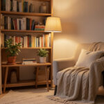 Cozy reading nook with warm lighting and a single accent chair