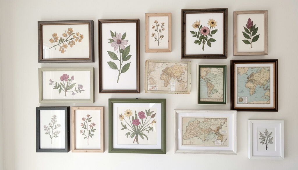 DIY gallery wall with mix-and-match frames featuring botanical prints and maps
