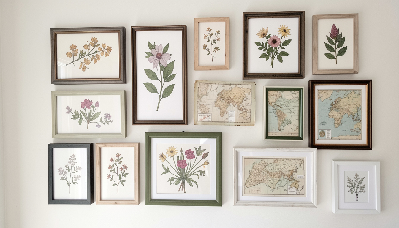 DIY gallery wall with mix-and-match frames featuring botanical prints and maps