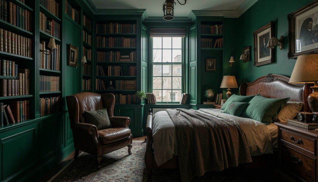 Dark academia bedroom with deep green walls, leather wingback chair, and floor-to-ceiling bookshelves