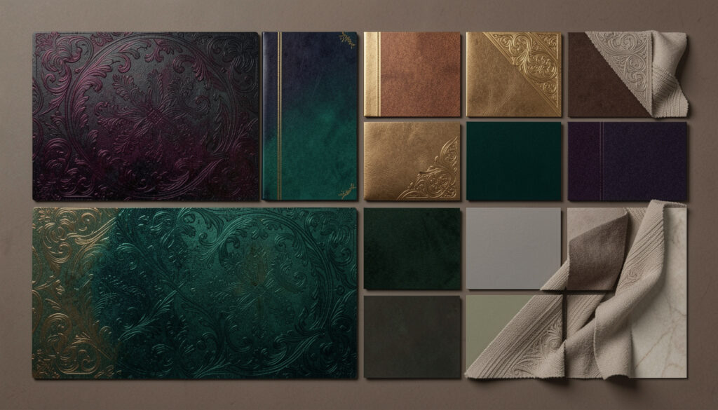 Dark academia color palette inspiration board showing jewel tones, metallics, and neutral accents