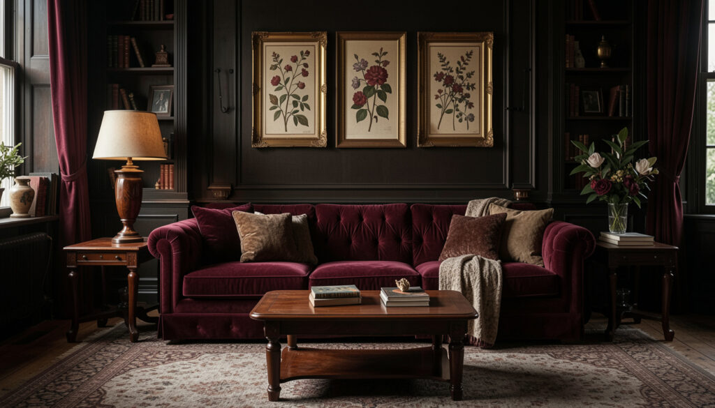 Dark academia living room with burgundy velvet sofa, mahogany side tables, and ornate framed botanical prints