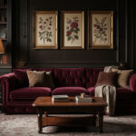Dark academia living room with burgundy velvet sofa, mahogany side tables, and ornate framed botanical prints