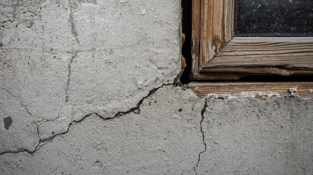 Diagonal wall crack near a window frame showing foundation movement.
