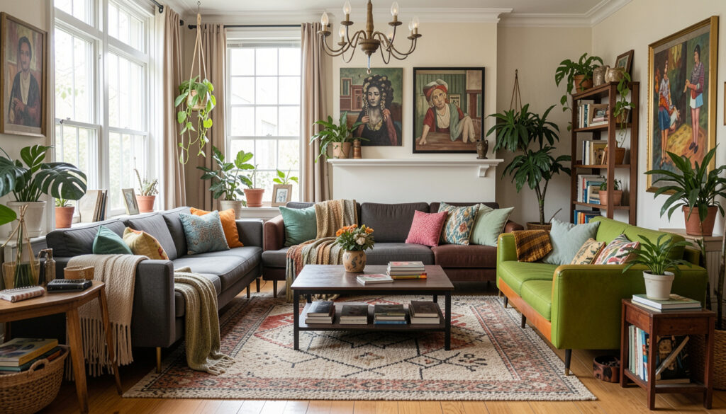 Eclectic living room mixing modern furniture with vintage accents]