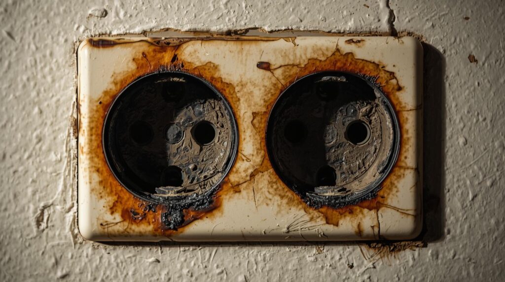 Electrical outlet with burn marks or discoloration